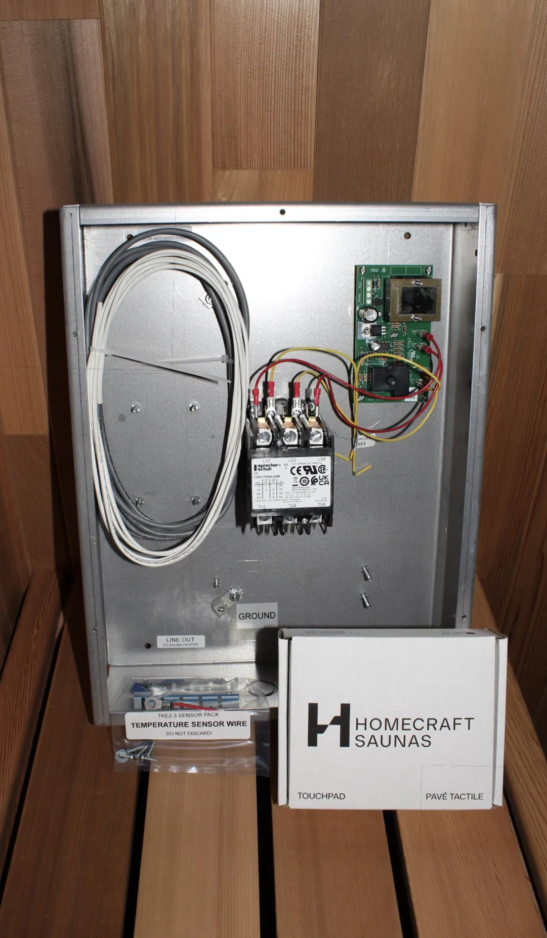 Homecraft TKE3 Digital Sauna Control, Indoor setup (indoor contactor box) · 240 V 1-phase — installed in a sauna