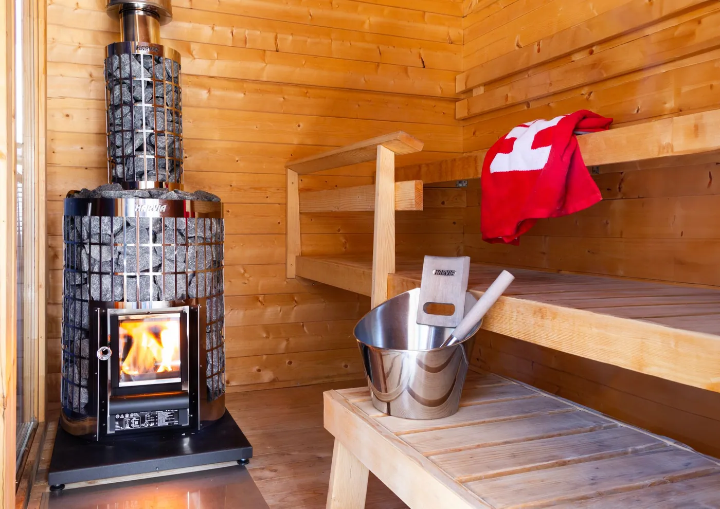 Harvia Cilindro Wood-Burning Sauna Stove — installed in a sauna
