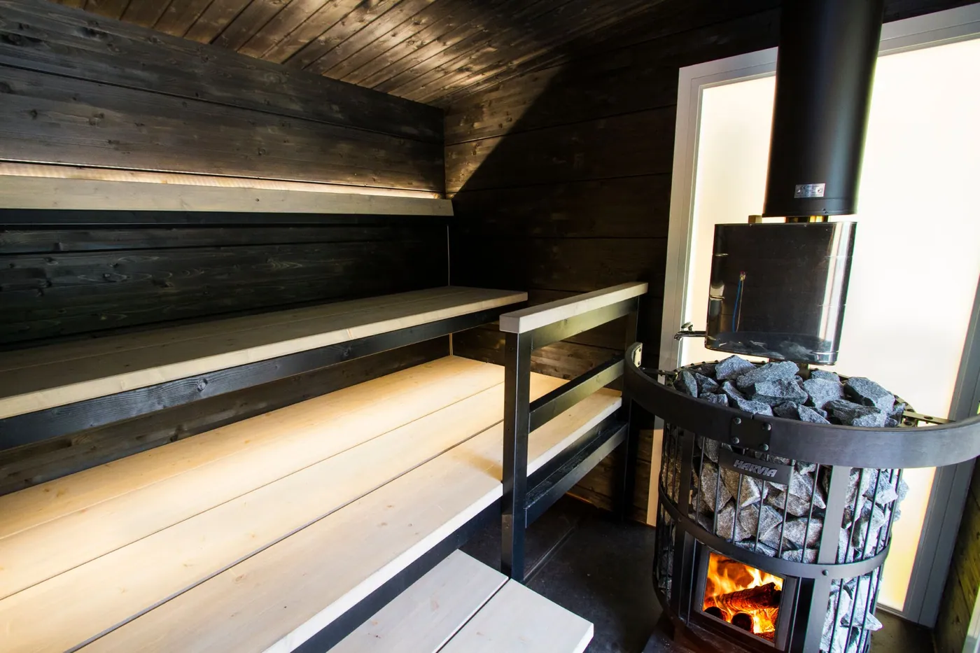 Harvia Legend Wood-Burning Sauna Stove — installed in a sauna