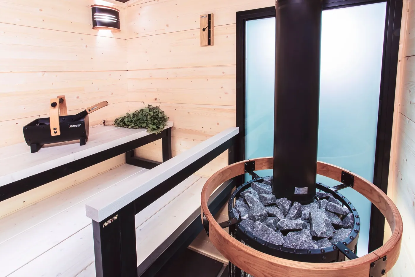 Harvia Legend Wood-Burning Sauna Stove, 240 Duo — installed in a sauna