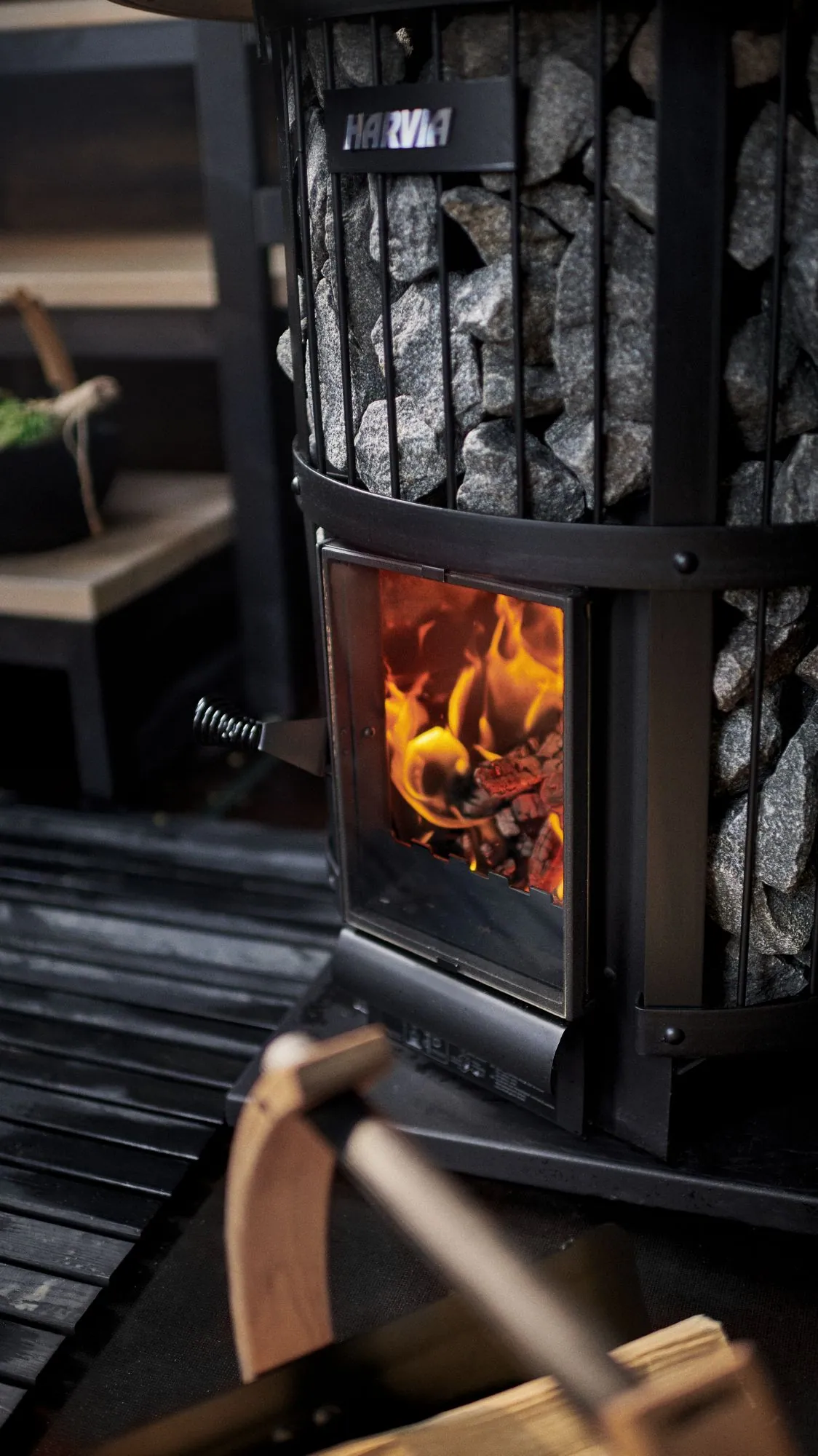 Harvia Legend Wood-Burning Sauna Stove, 240 GreenFlame — installed in a sauna