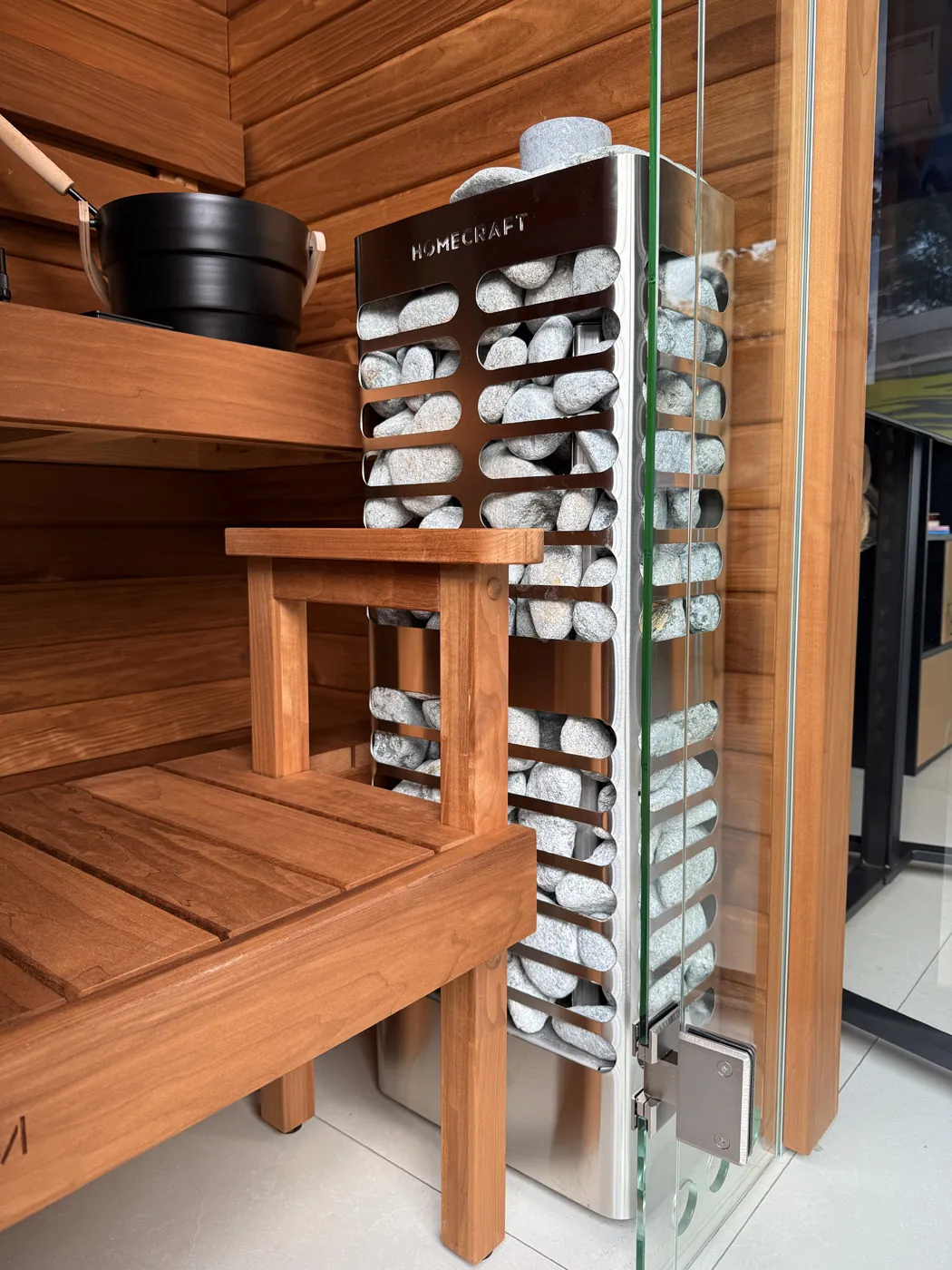 Homecraft Revive Slim Electric Sauna Heater — installed in a sauna