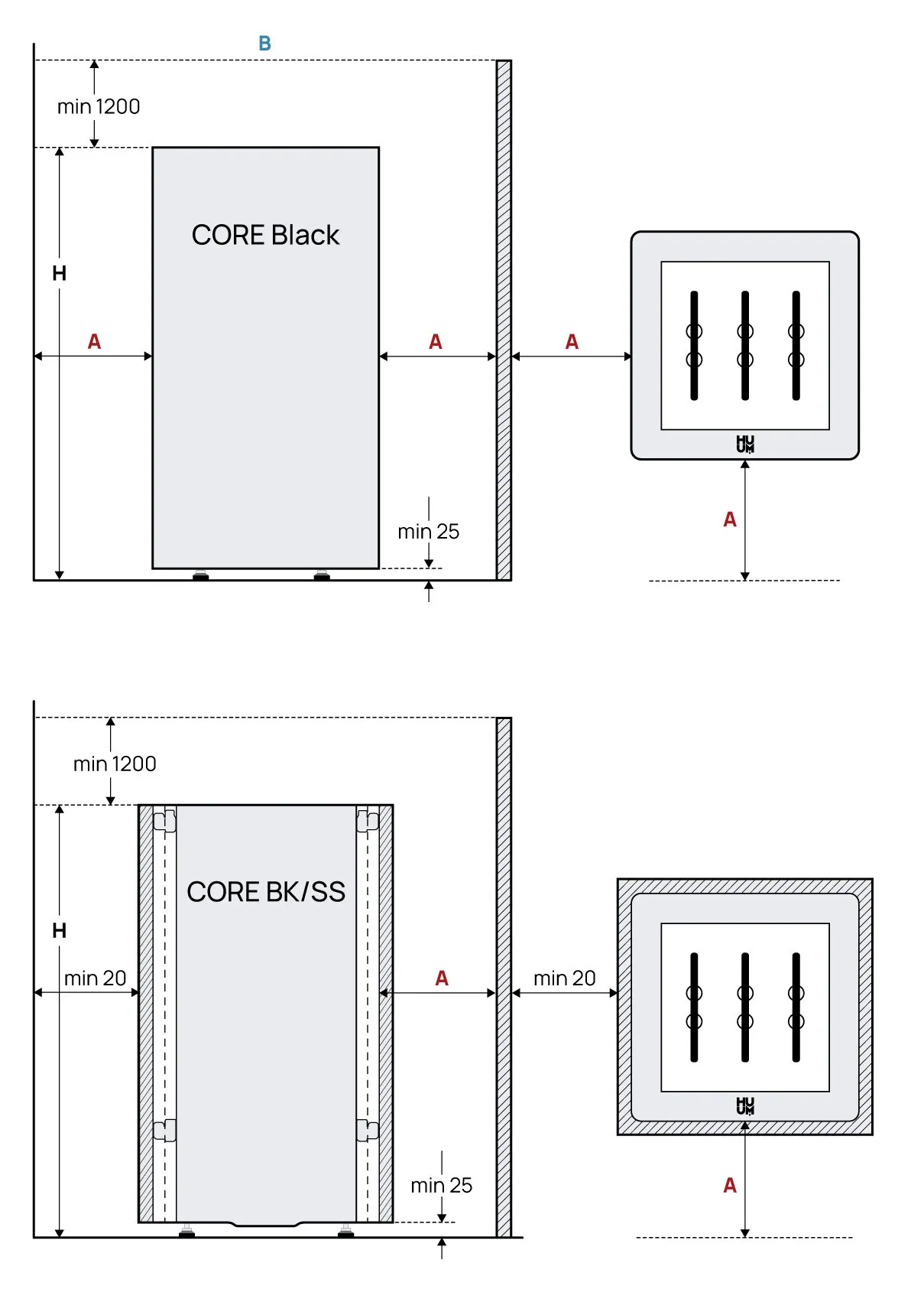 HUUM CORE Electric Sauna Heater — dimensions diagram