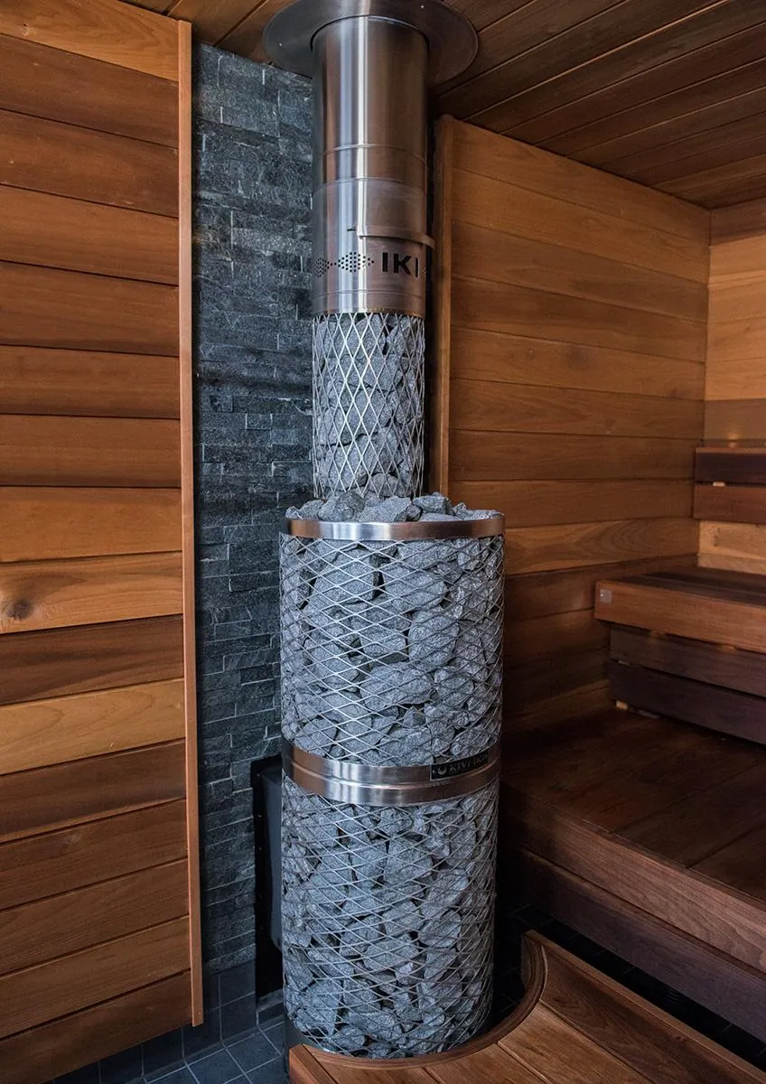 KIVI-IKI Wood-Burning Sauna Stove, SL Fireplace — installed in a sauna