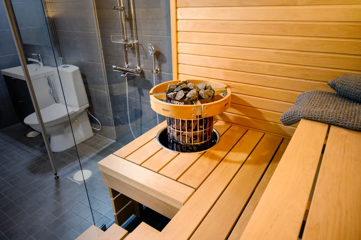 Harvia Embedding Flange HPC2 — installed in a sauna