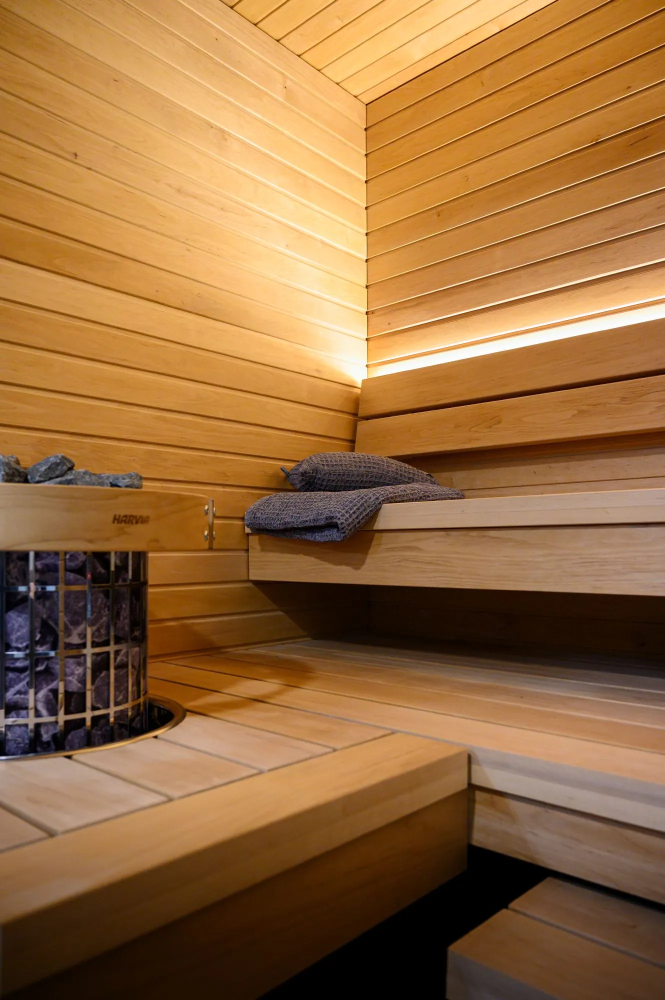 Harvia Embedding Flange HPC2 — installed in a sauna