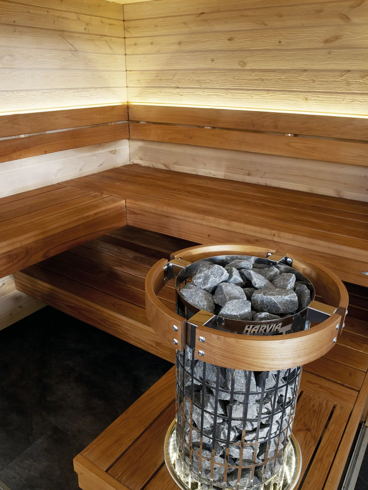 Harvia Embedding Flange HPC7 — installed in a sauna
