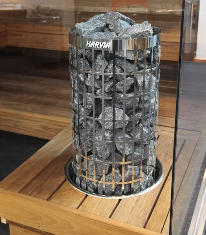 Harvia Embedding Flange HPC7 — installed in a sauna