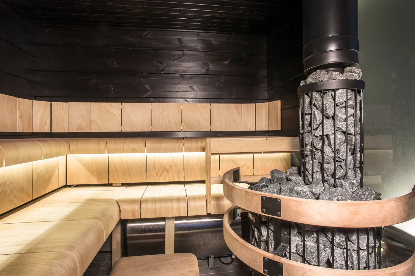Harvia Legend Smoke Pipe Cover WL300 (stones are not included) — installed in a sauna