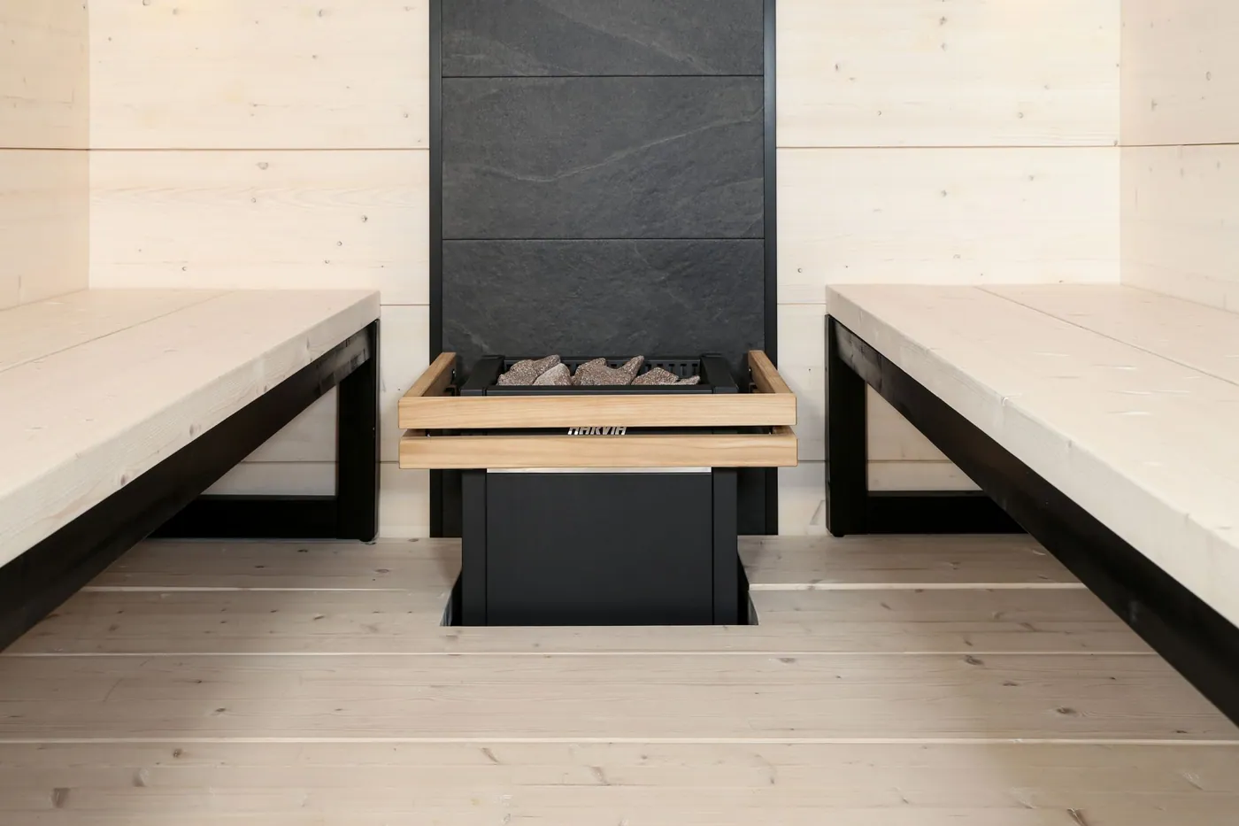 Harvia Safety Railing HL3L — installed in a sauna