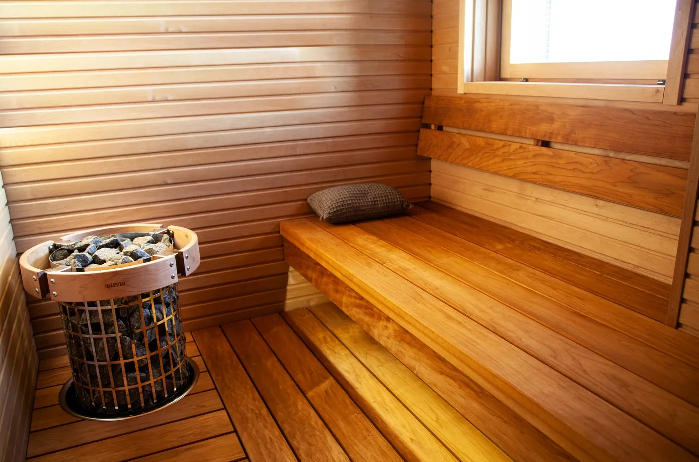 Harvia Safety Railing HPC4 — installed in a sauna