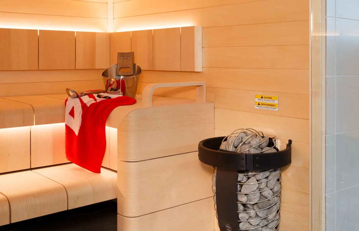 Harvia Safety Railing HSP3M — installed in a sauna