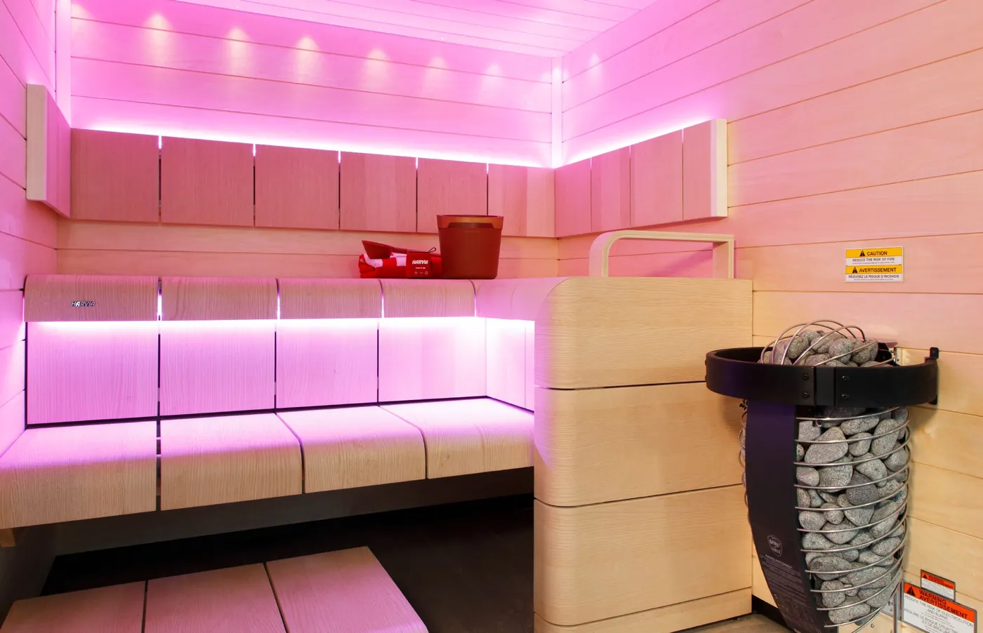 Harvia Safety Railing HSP3M — installed in a sauna