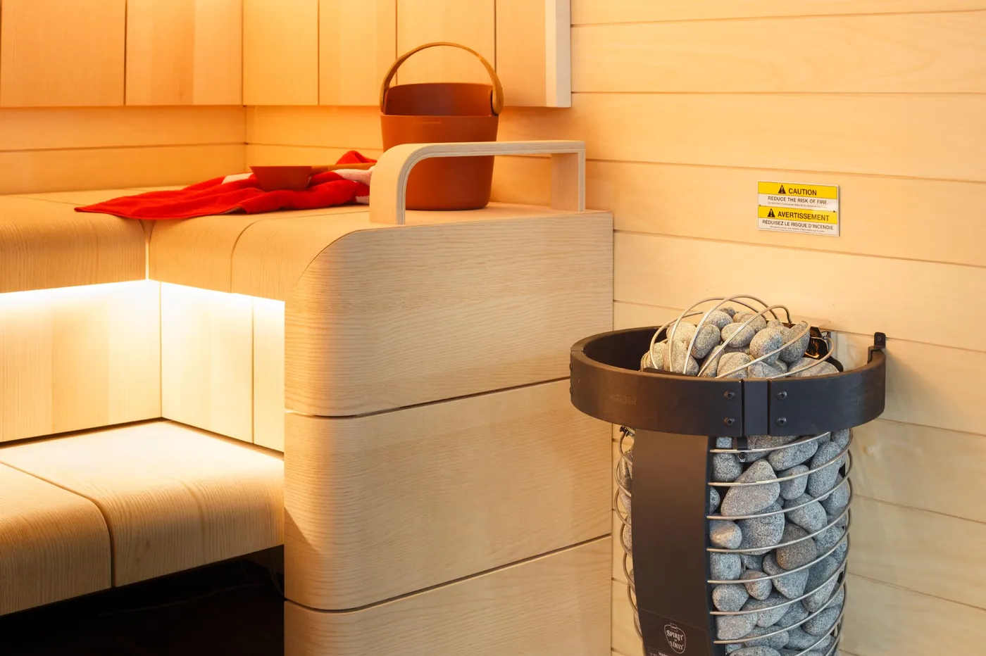 Harvia Safety Railing HSP3M — installed in a sauna