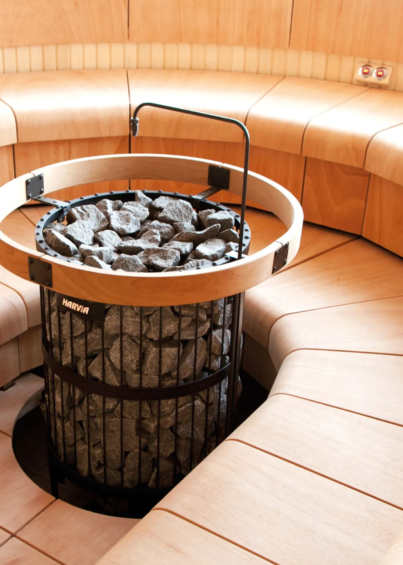 Harvia Safety Railing SASPO240 — installed in a sauna