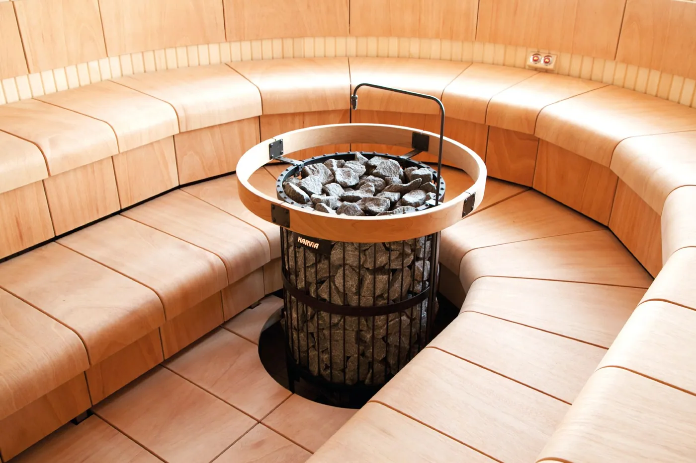 Harvia Safety Railing SASPO240 — installed in a sauna