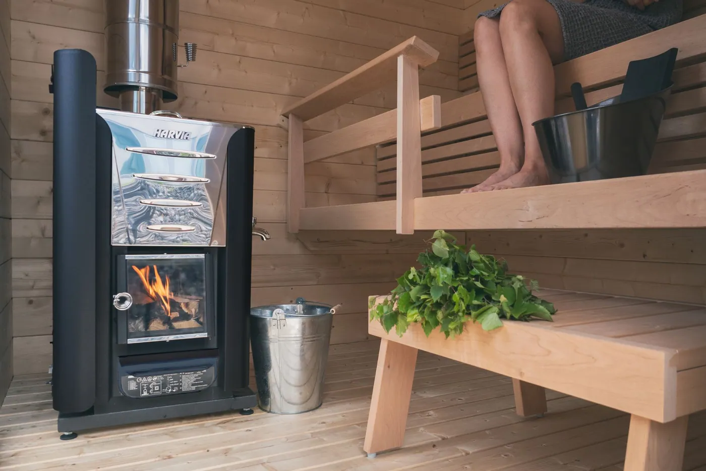 Harvia Stainless Steel Chimney Kit (WHP1500) — installed in a sauna