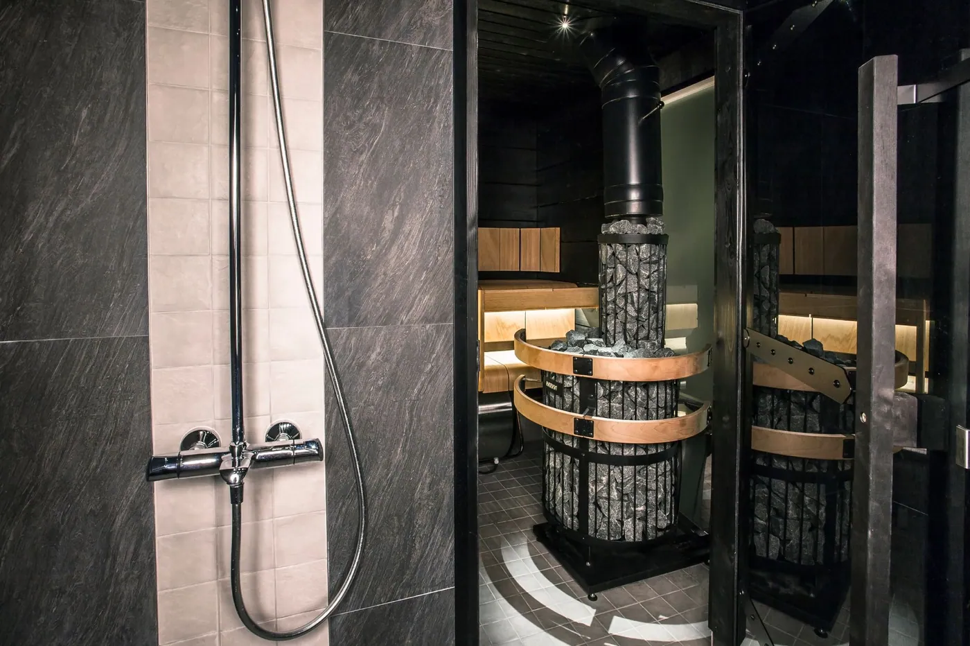 Harvia WL110 Protective Bedding 560 x 636 mm — installed in a sauna