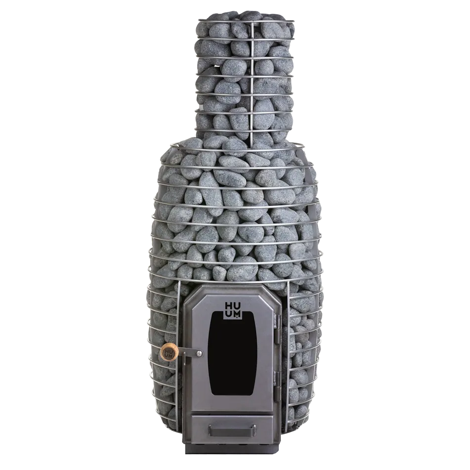 HUUM HIVE Wood Stone Cage (stones not included) — installed in a sauna