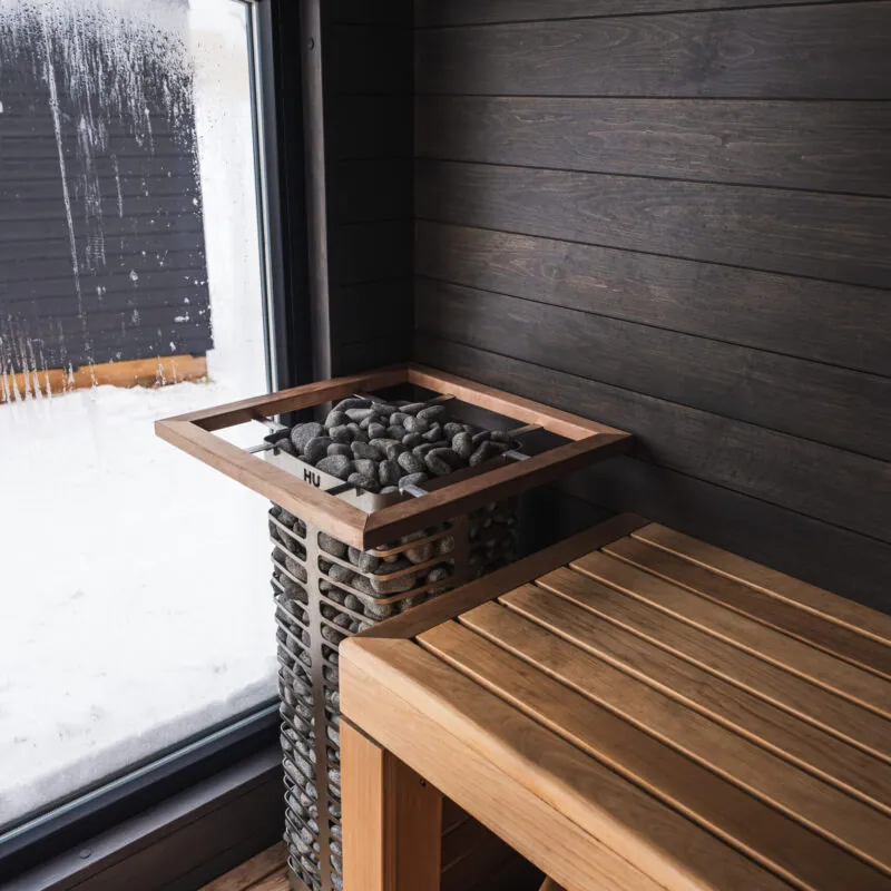 HUUM STEEL Safety Railing — installed in a sauna