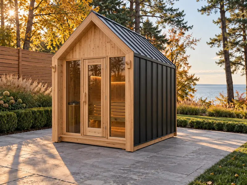 A-frame sauna, 7 × 9 ft, with black metal sides and a wood-and-glass front, on a stone patio in a lakeside backyard (illustrative image)