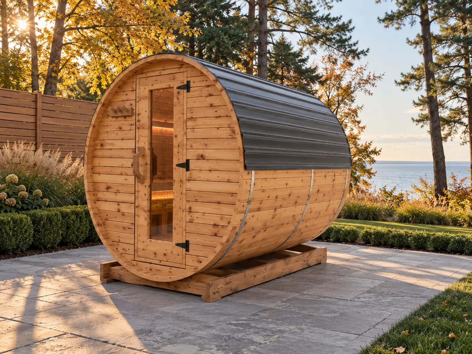 Barrel sauna, 8 ft long, with a dark metal roof cap and a glass-panel door, on a stone patio in a lakeside backyard (illustrative image)