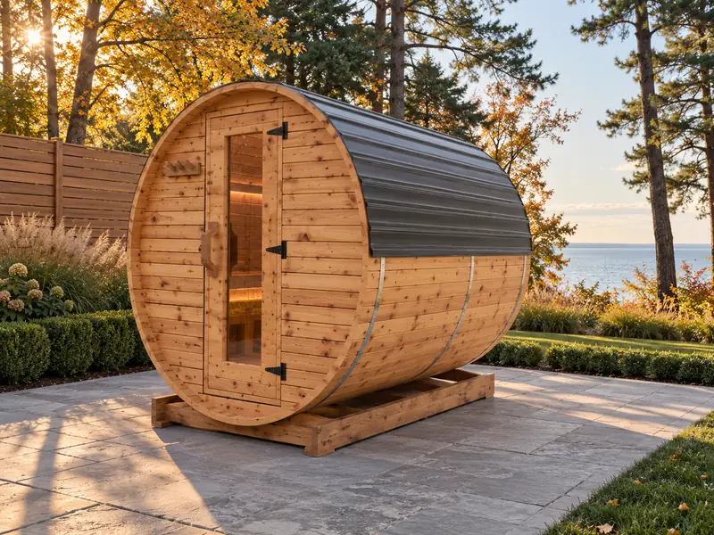 Barrel sauna, 8 ft long, with a dark metal roof cap and a glass-panel door, on a stone patio in a lakeside backyard (illustrative image)