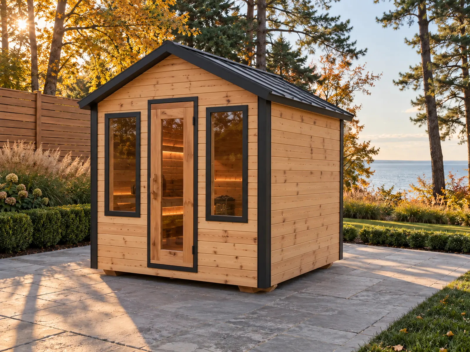 Cabin sauna, 7 × 7 ft, with a black metal gable roof, a glass-panel door and two windows, on a stone patio in a lakeside backyard (illustrative image)