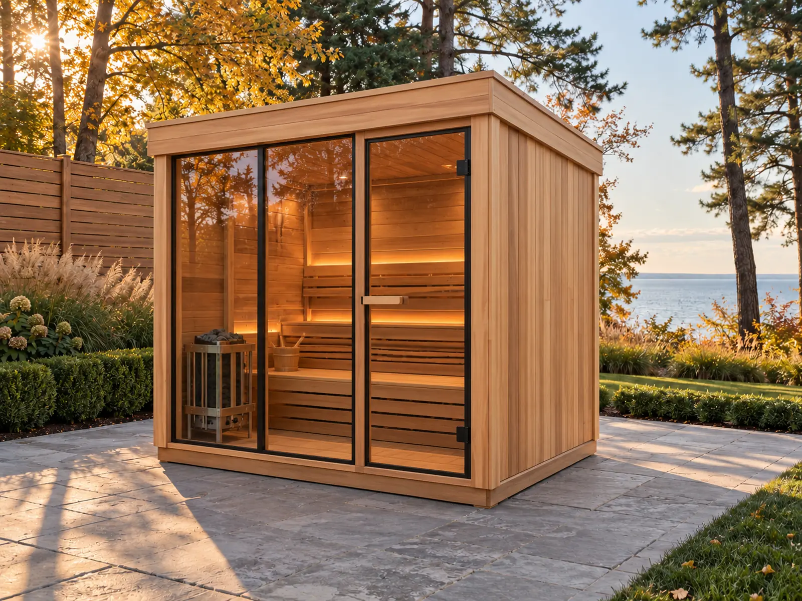 Cube sauna, 9 × 6 ft, with a full glass front showing the benches and heater, on a stone patio in a lakeside backyard (illustrative image)