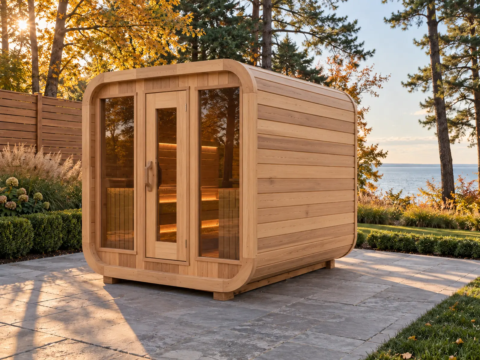 Luna sauna, 8 × 6 ft, with rounded corners and a glass front, on a stone patio in a lakeside backyard (illustrative image)